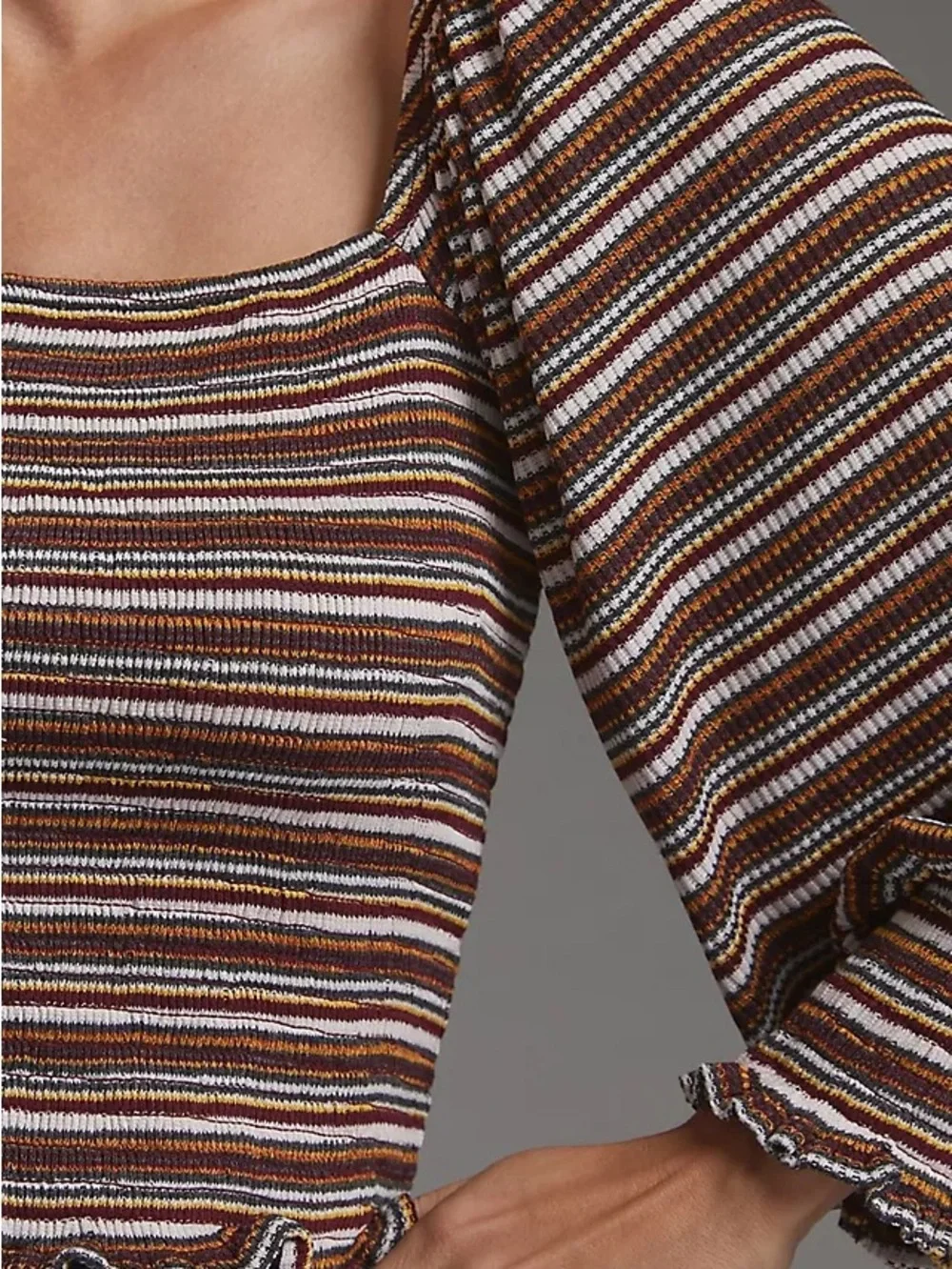 Striped Square-Neck Puff Sleeve Top - Brown
